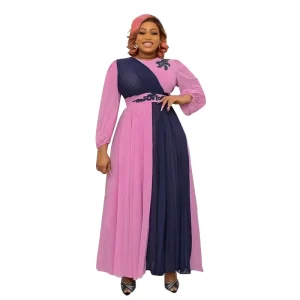 Plus Size Casual Chiffon Dress Elegant Evening Floor Length Lace Pleated Maxi Church Dress With Belt