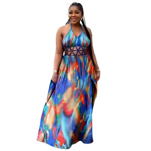 Plus Size Dress Colorful Printed Hollow Out Sexy Women’s Clothing 1XL 2XL 3XL 4XL
