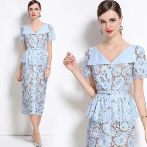Plus Size Elegant Women’s Clothing Summer New Item Lapel Short Sleeved Lace Dress Light Luxury Women’s Clothing
