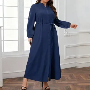 Plus Size High Quality Solid Color Woven Women’s Dress Single breasted Long Sleeve With Belt A line Skirt Elegant Style 1XL 5XL