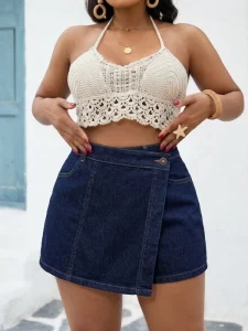 Plus Size Jeans Women’s Stretch Denim Mini Wrap Skort Casual High Waist Breathable Waterproof Summer Solid Washed