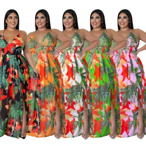 Plus Size Ladies Clothes Summer Sexy Lace Up Backless Printed Women Dress
