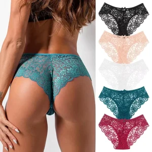 Plus Size Luxury Lingerie Hollow Floral Lace Mid Brief Tiny Bow Decor Multi Vibrant Hues Breathable Cotton Lined Intimates