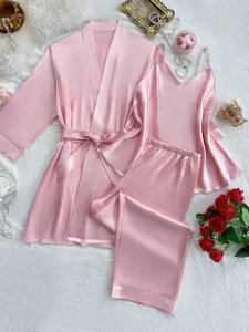 Plus Size Luxury Sleepwear Women Satin Silk 3 Piece Elegant Home Loungewear Set
