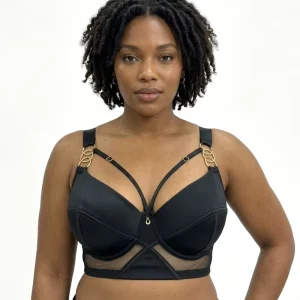 Plus Size Molded Cup Longline Bra Gold Ring Hardware Sheer Mesh Crisscross Underwire 3 Hooks Back Support Full Adjusted Straps