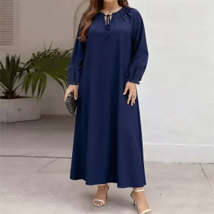Plus Size Navy Blue Solid Color Woven Women’s Dress Long Sleeve Loose Fit Skirt Lace up Design Elegant Mature Style 1XL 5XL