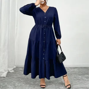 Plus Size Navy Blue Solid Color Woven Women’s Dress Single breasted Drawstring Closure A line Skirt Elegant Style Customizable