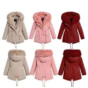 Plus Size Plain Color Long Windproof Women’s Coats Slim Winter Fur with Fur Hood Jackets