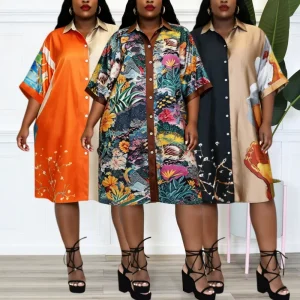 Plus Size Satin Shirt Dress Women Print Silky Button Down Dress Loose Fit Elegant Long Sleeve Dress for Women