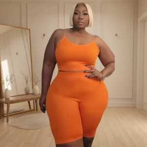 Plus Size Sexy Summer Solid Above Knee Two Piece Casual Elastic Ribbed Sleeveless Crop Tops Shorts Set Women’s Clothing