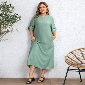 Plus Size Solid Woven Women’s Dress V neck 3/4 Sleeves Loose Fit Skirt Modest Elegant Style 1XL 5XL Two Colors