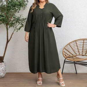 Plus Size Spring Solid Color Woven Women’s Dress 3 4 Sleeves Drawstring Design Skirt Elegant Mature Style Daily Wear or Work
