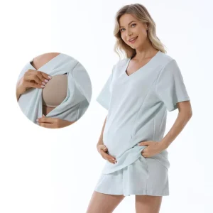 Plus Size Summer Maternity Clothes Set Breastfeeding Loungewear Set Soft Waffle Fabric Pregnant Women Sport Suit S to 4XL