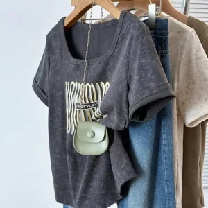 Plus Size Summer New Square Neck Top Women’s Slim-fit Loose All-match Short-sleeved T-shirt