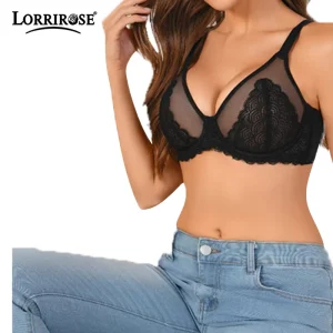 Plus Size Thin Everyday Sheer Lace Underwire Bra Unlined See-Through Mesh For Large Bust