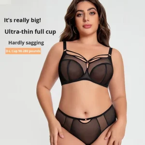 Plus Size Underwear Women’s Power Mesh Anti sagging Gathering Breathable Thin 3/4 Cup Deep Cup Bra Sets