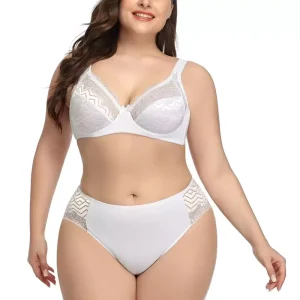 Plus Size Women Bra Panties Set Breathable Transparent Lace Embroidery Back Close Wire Bra Set