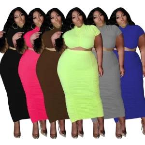 Plus Size Women Clothing Ladies Pencil Casual Summer Dress Candy Color 2 Piece Sets Plus Size Dress & Skirts