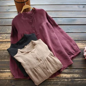Plus Size Women Clothing Solid Color Long Sleeve Tunic Tops Muslim Ladies Casual Shirts Loose Pleated Ruffle Blouses