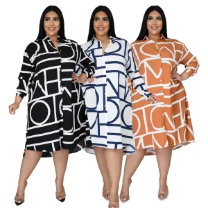 Plus Size Women Clothing Summer Printed Long Sleeve Shirt Dress Women Casual Plus Size Women’s Dresses