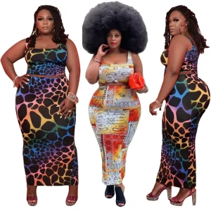 Plus Size Women Clothing Summer Two Piece Skirt Set Leopard Casual Dresses Sleeveless Plus Size Dress