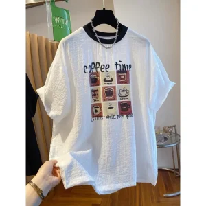 Plus Size Women Summer Color-Block Crew Neck Cartoon Letter Non-Iron Polyester Loose Fit Slimming Casual T-Shirt