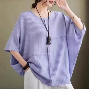 Plus-Size Women’s 100% Cotton Pleated Loose Fit Crew-Neck Long T-Shirts with Silk Screen Logo for Summer Wear