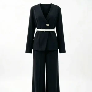 Plus Size Women’s Black Long Sleeve V Neck Blazer Full Length Pants Set Customizable Memory Fabric Anti Static Breathable Suit