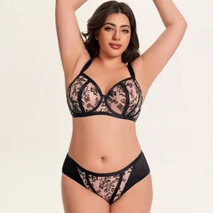 Plus Size Women’s Bra Set with Underwire Breathable Mesh and Embroidered Splicing Push Up Big Bust Lift Support D K