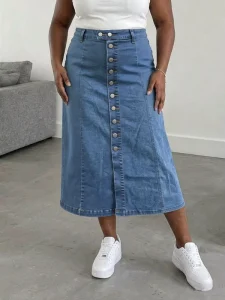 Plus Size Women’s Casual Natural Waist Half-Length A-Line Denim Skirt Washed Sexy Slim Breathable Hip Buttons Solid Summer