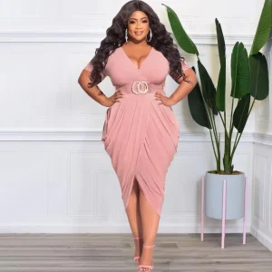 Plus Size Women’s Casual Solid Color V Neck Short Sleeve Dress