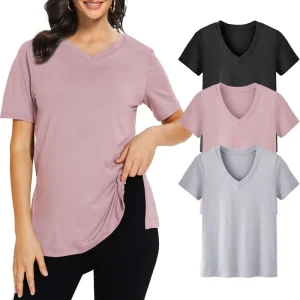 Plus Size Women’s Casual V Neck 220G Terry Polyester Spandex Blend Loose Fit Soft Regular Shoulder T-Shirt Summer