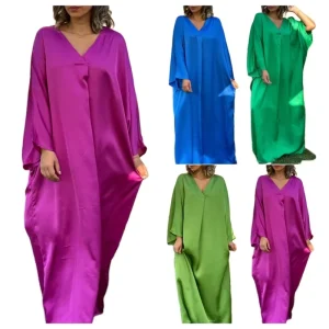 Plus Size Women’s Clothing Autumn Long Sleeve Satin Loose Casual V-Neck Bat-Sleeve Robe Dress