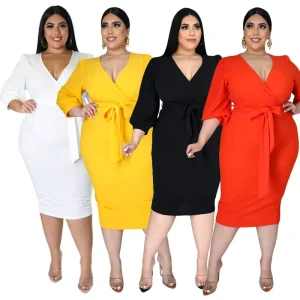 Plus Size Women’s Clothing Commuter V neck Solid Color Mid sleeve Lace up Mid length Dress Women