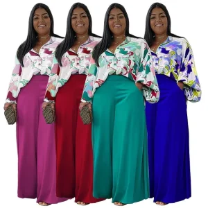 Plus Size Women’s Clothing Loose Casual Printed Shirt and Wide Leg Pants Set 2 Pieces Fall Outfits for Women