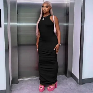 Plus Size Women’s Clothing New Sexy Neck Bodycon Dress Solid Color Sleeveless Natural Front