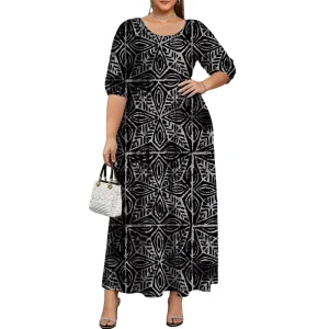 Plus Size Women’s Clothing Polynesian Tribal Samoa Hawaiian Maxi Dress Ladies Short-sleeved Large-sized Tie-dye Dress