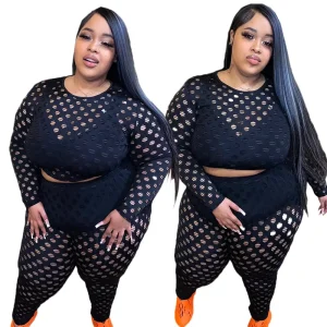 Plus Size Women’s Clothing Skinny See Through Fishnet Pants Clothes Set Two Pieces