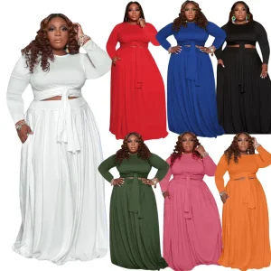 Plus Size Women’s Clothing Solid Color T Shirt Crop Top Cross Tie Swing Dress Two Piece Skirt Set
