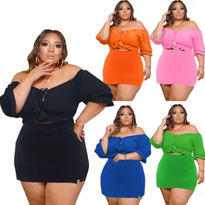 Plus Size Women’s Clothing Summer Solid Color Sexy One Shoulder Culottes Two Piece Short Set