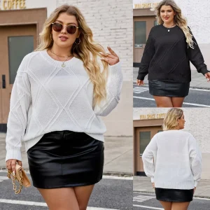 Plus Size Women’s Diamond Jacquard Loose Pullover Sweater Custom OEM Factory Price
