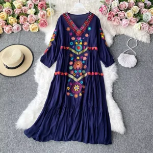 Plus Size Women’s Dresses Spring Autumn Floral Embroidery Dress Woman V-neck Long Sleeve Maxi Dress Apparel