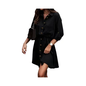 Plus Size Women’s Eco Friendly New Fashion Solid Color Casual Style A-Line Silhouette Dress Long Sleeve Turn-Down Natural Sashes
