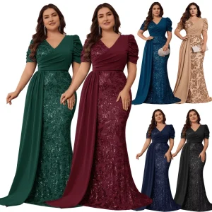 Plus Size Women’s Evening Dresses V-neck Sequin Long Formal Party Dress Elegant Mermaid Wedding Dresses for Bridesmaid