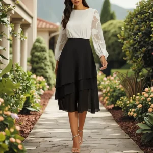 Plus Size Women’s Fashion Casual Elegant Solid Color Versatile Layered Chiffon A-line Knee-Length Natural Waist Skirt 100%