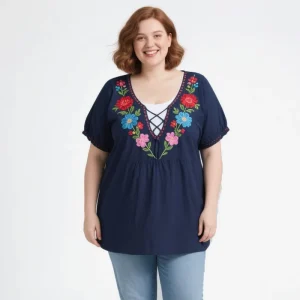 Plus Size Women’s Floral Embroidered V Neck Short Sleeve Top Loose Fit Ethnic Style Navy Blue Blouse for Daily Casual Wear