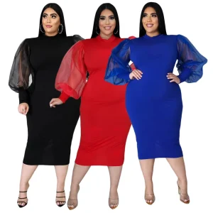 Plus Size Women’s Formal Dress Mesh Lantern Sleeve Bodycon Party Dress