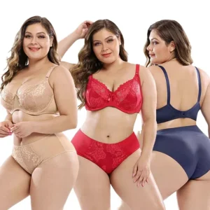 Plus Size Women’s High Rise Seamless Everyday Full Cup Bra Thong Panties Set Breathable Lace Embroidery Underwire Back