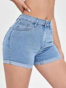 Plus Size Women’s High Waist Light Blue Denim Shorts Roll-Up Cuffs Casual Summer Fashion Breathable Anti-Wrinkle Quick Dry