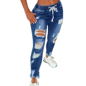 Plus Size Women’s High Waist Washed Stretch Ripped Skinny Denim Jeans Trousers